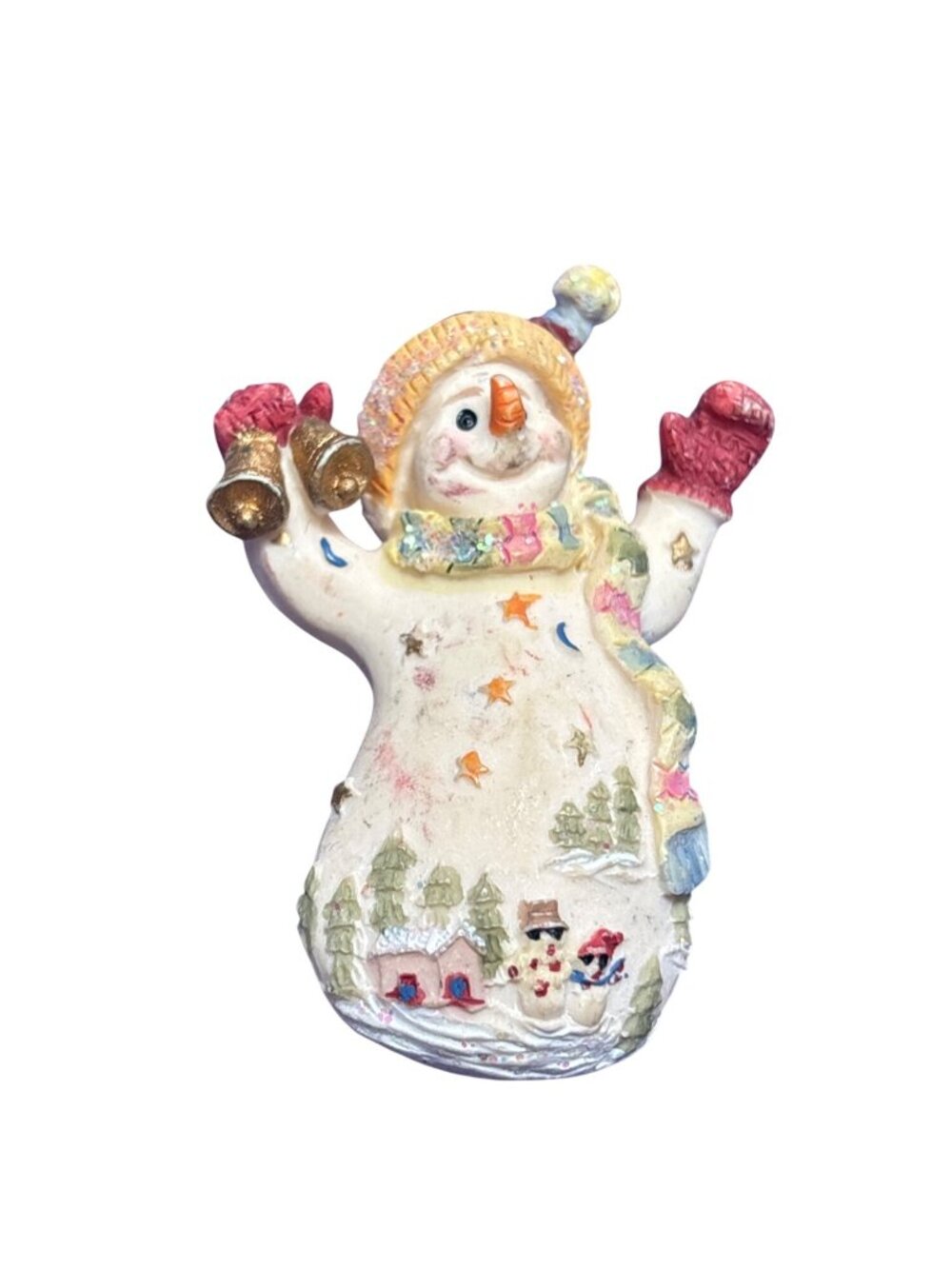 Vintage Resin Snowman Brooch Pin Winter Scene Glitter 2.25 inches